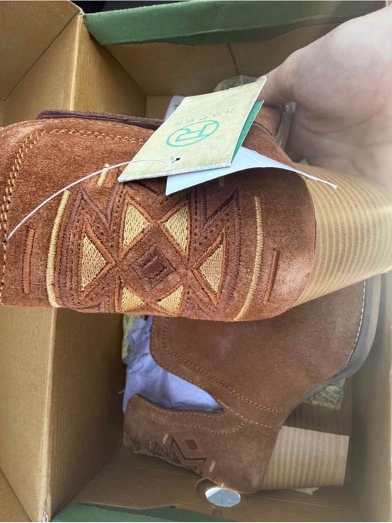 Roper Shoes - Roper Suede Western Ankle Booties - Chestnut Brown with Tan Embroidery